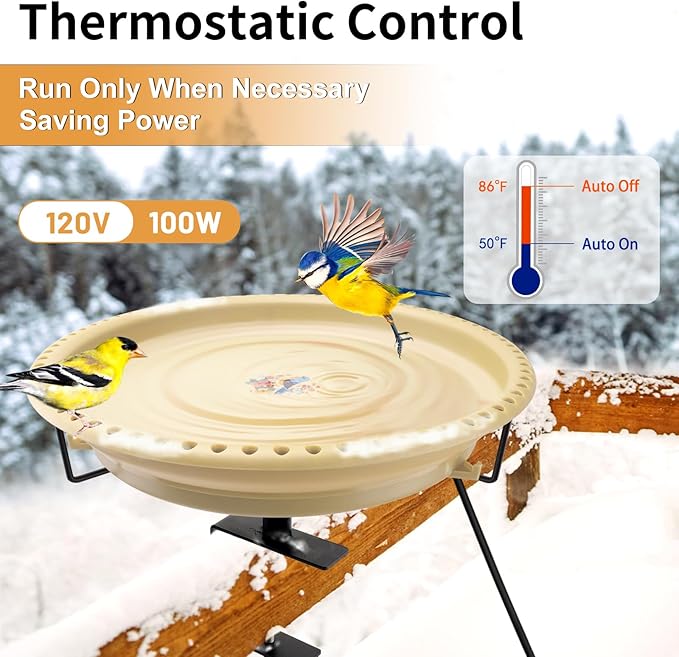 Daoeny Heated Bird Baths for Outdoors, Upgraded 100W Thermostatically Controlled Heated Bird Bath Deicer Deck Mounted, Heated Bird Bath Bowl for Deck Railing Winter Garden Yard Patio (Khaki)