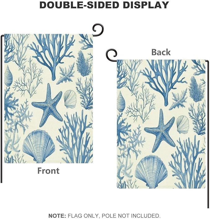 Coastal Nautical Garden Flag Double Sided Burlap 12×18 Inch Coral Reef Pattern with Starfish Shells And Corals Spring Summer Season Garden Flags Yard Flag Seasonal Outdoor Décor for Yard Farmhouse