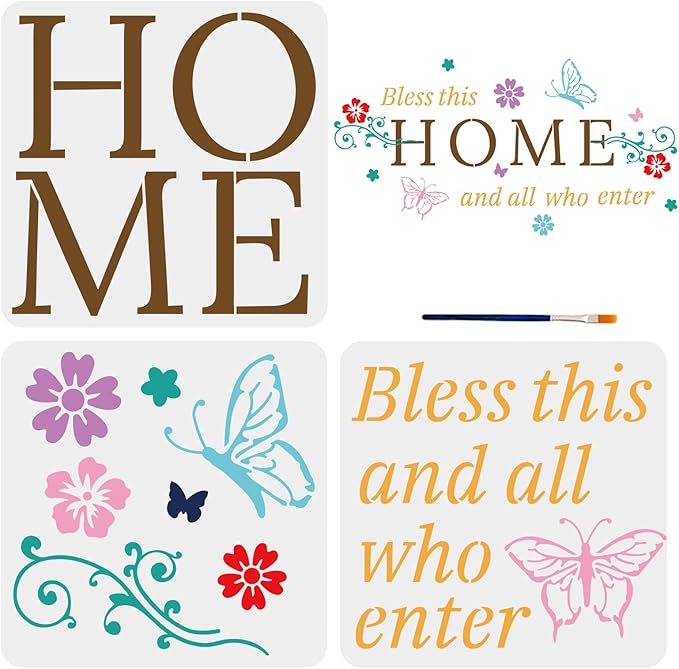 MAYJOYDIY 3pcs Welcome Words Stencils Home Sign Stencils Bless This Home and All who Enter Butterfly Flower Template Splicing Size 38.5×19.8inch with Paint Brush Room Front Door Wall Decor