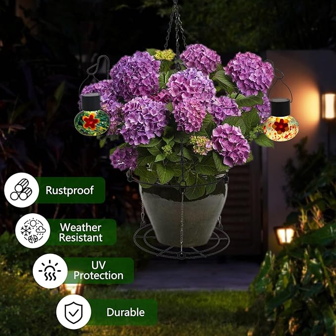 Solar Hummingbird Feeder with Hanging Planter - 3 Glass Balls, Solar Lights, Bee Resistant & Leakproof Design, Outdoor Garden Decor Gift for Bird Lovers