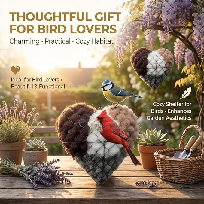 Handmade Fiber Bird Nesting Heart, Birds Nests Material Holder, Winter Tree Shelter for Wild Bird, Hummingbird Houses Nest Boxes for Outside Art Birdhouse