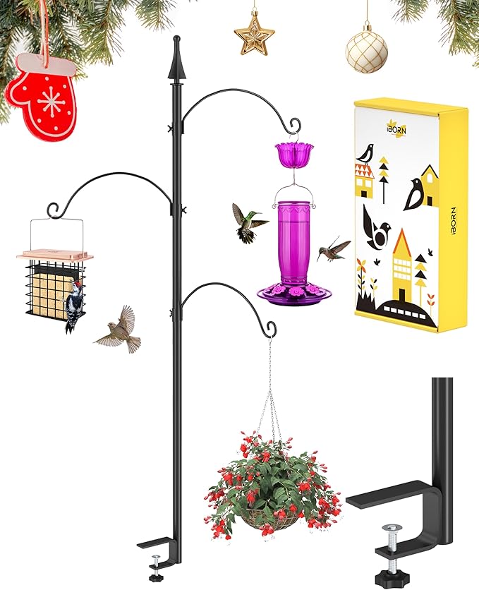 iBorn Shepherds Hooks for Outdoor Clamp On Deck Hook for Bird Feeder 45 Inch Heights Feeder Hangers for Deck Railing Hummingbird Feeders Hanging Tri-Hooks 2024 New (Feeders are Not Included)