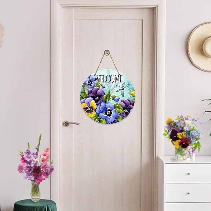 Deroro Welcome Spring Summer Floral Flower Sign for Front Door Decor, Pansy Dragonfly Wood Door Hanger for Outdoor Outside Porch, Seasonal Vintage Wooden Wreath Indoor Wall Hanging Decoration