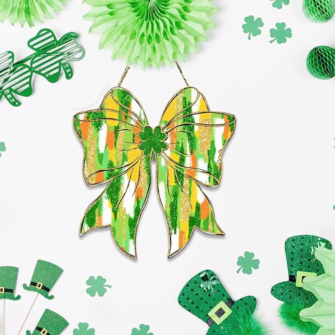 St Patricks Day Door Decorations, St Patricks Day Decorations, Shamrock Door Decoration, Gold Glitter Lucky Charm Shamrock Bow Wood Hanging Sign for Office Party Porch Yard Home Decor