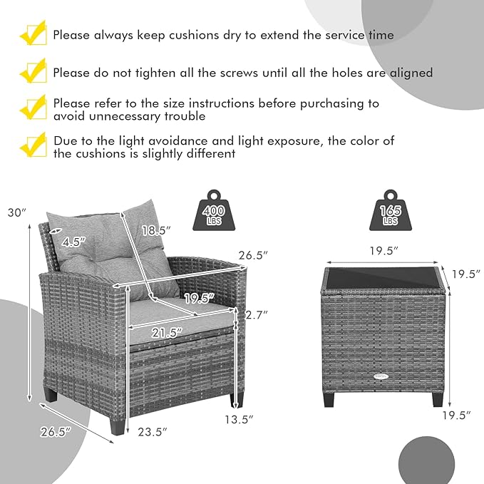 Tangkula 3 Pieces Patio Furniture Set, Outdoor PE Rattan Conversation Chair Set with Tempered Glass Side Table and Removable Cushions, PE Wicker Chairs and Table Set for Porch, Balcony and Garden