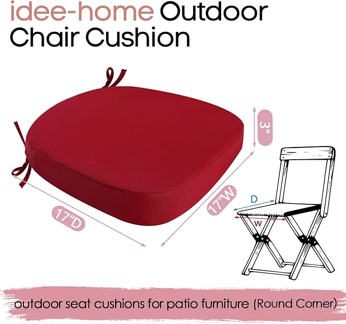 idee-home Outdoor Chair Cushions Set of 2, 17" x 17" x 3" Thick D-Shaped Patio Furniture Outdoor Seat Cushions Waterproof with Ties, Dining Pads