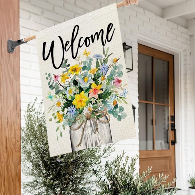 CROWNED BEAUTY Spring Floral House Flag Mason Jar 28x40 Inch Double Sided Large Burlap Holiday Flag for Outside Yard Welcome CF1377-40