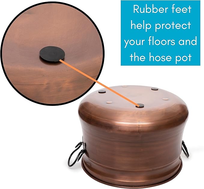 BIRDROCK HOME Water Hose Holder - Decorative Metal Pot, Indoor or Outdoor, Garden Storage Organizer, Patio Portable Bucket - Antique Copper, Holds up to 200ft Hoses, Large with Lid