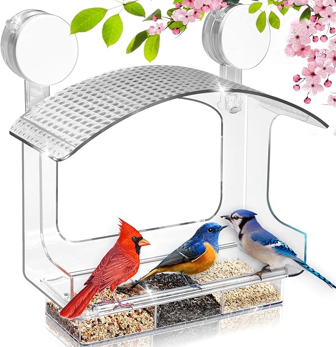 Window Bird Feeder with Strong Adhesive Suction Cups, Clear Bird Feeders for Window Viewing, Acrylic Window Bird Houses for Viewing Inside, Suction Bird Window Feeder for Cats