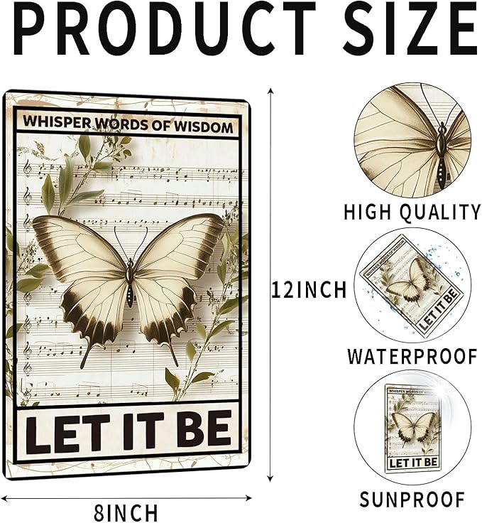 Vintage Butterfly Tin Sign Whisper Words Of Wisdom Let It Be Metal Sign Aluminum Sign Wall Decor for Cafe Home Office Bar Yard Garden Outdoor 12×8 Inch