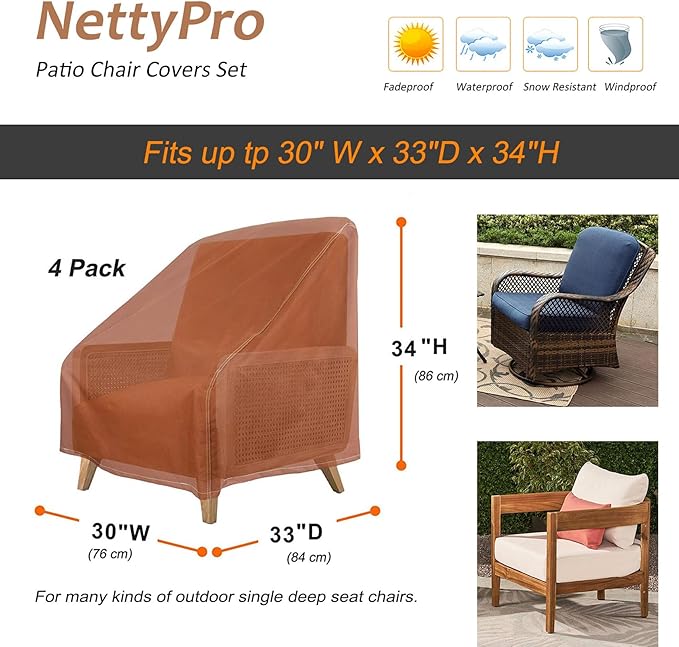 NettyPro Patio Chair Covers for Outdoor Furniture 4 Pack, Waterproof Heavy Duty Lawn Patio Furniture Cover Deep Seat Dining Chair Covers High Back, 30W x 33D x 34H inches, Brown