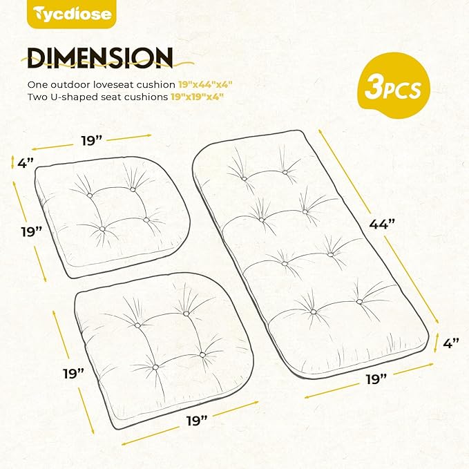 All Weather 3 Pieces Wicker Chair Cushions, Waterproof Outdoor Wicker Chair Cushion for Patio Furniture Loveseat Settee Bench, 1 Loveseat and 2 U-Shaped Thickened Cushions, Yellow