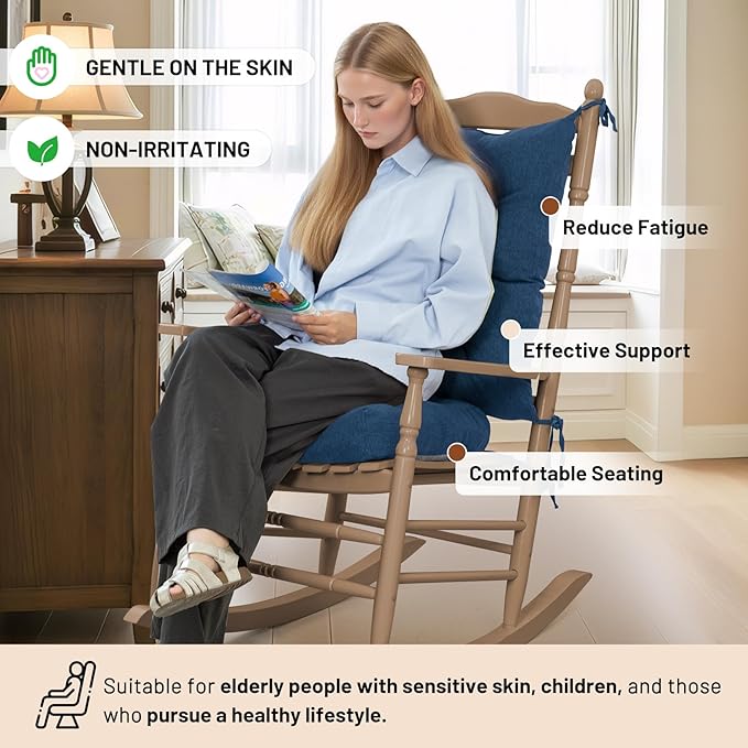 Lokex Rocking Chair Cushion 4 Inch Extra Thick, Cushions for Rocking Chairs Set of Seat and Back with Ties, Linen Fabric Indoor Outdoor Rocker, 17x21 & 17x17 Inches (Dark Blue)