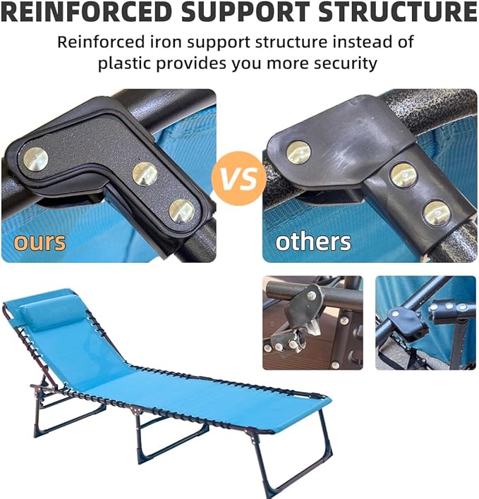 Patio Lounge Chair Folding Chaise Bed - Heavy-Duty 400lb Capacity Portable Adjustable Recliner w/Pillow for Pool, Camping, Sunbathing - Lay Flat Design (Light Blue)