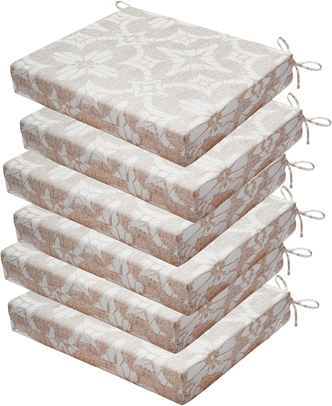 Outdoor Chair Cushions Set of 6, 18.5 x 16 Inch Patio Chair Cushions, Water Resistant, Non-Slip Ties (Beige Floral)