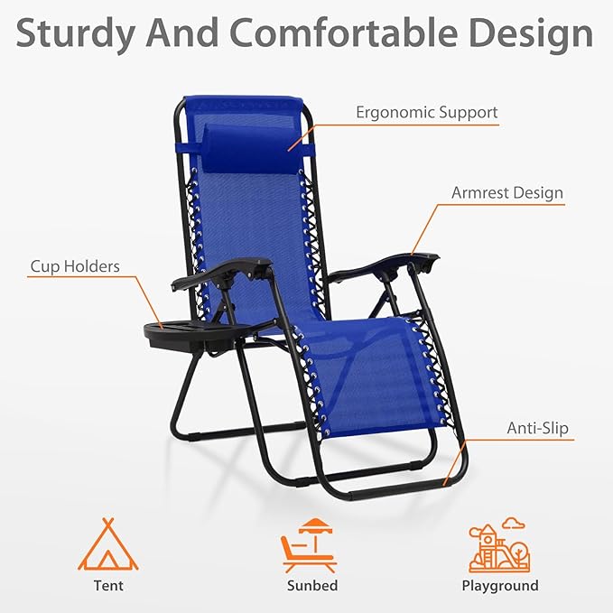 Zero Gravity Chairs, Portable Folding Reclining Lounge Chairs with Adjustable Pillow and Cup Holder Trays for Outdoor, Patio, Beach, Camping, Garden, Poolside, Set of 2 Royal Blue