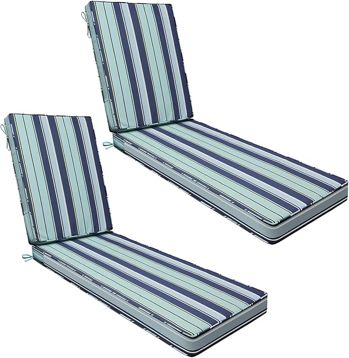AAAAAcessories Outdoor Chaise Lounge Cushions, Fade-Resistant, Waterproof Patio Furniture Replacement Cushions, 80" x 26" x 3", Set of 2, Ash Teal Seaside Stripe