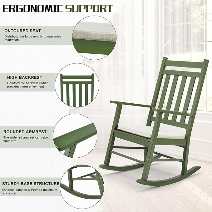 Outvita Outdoor Rocking Chair, Solid Wood High Back Rocker, All Weather Lounge Chair with Padded Cushions for Porch Patio Fire Pit Garden Backyard Deck Indoor, Green