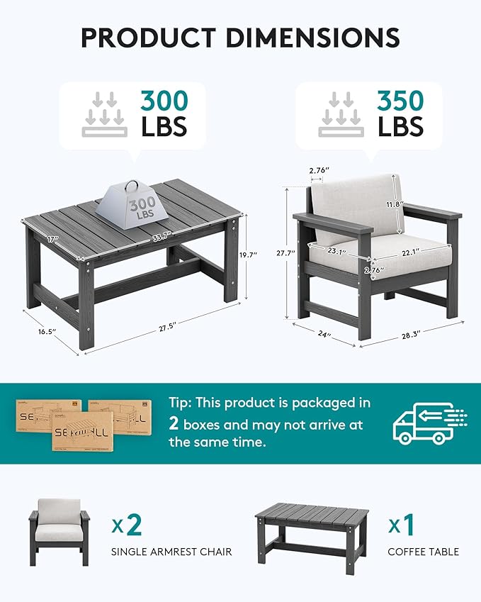 SERWALL 3 Pieces HDPE Outdoor Sofa Bistro Set with Cushions, Outdoor Furniture Sofa Sets with Coffee Table and Cushions, All Weather Conversation Social Set, Grey Frame with Khaki Cushion