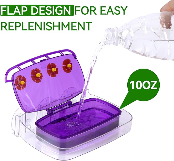 Window Hummingbird Feeder with Strong Suction Cup, Plastic Hummingbird Feeders for Outdoors, Built-in Moat,Easy to Clean and Refil (10oz) (1, Purple)