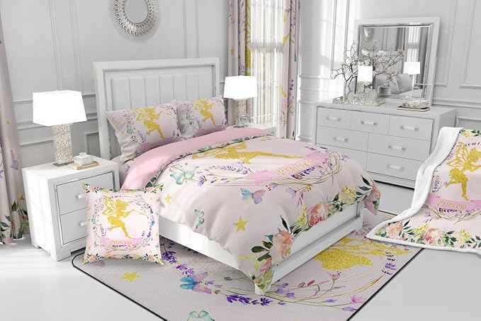 Erosebridal Fairy Garden Full Comforter Set,Dreamy Butterfly Floral Bedding Sets for Girls Kids,Pink Coquette Flower Quilt Bed Set,Cute Girly Princess Bedroom Decor,2 Pillowcases Breathable