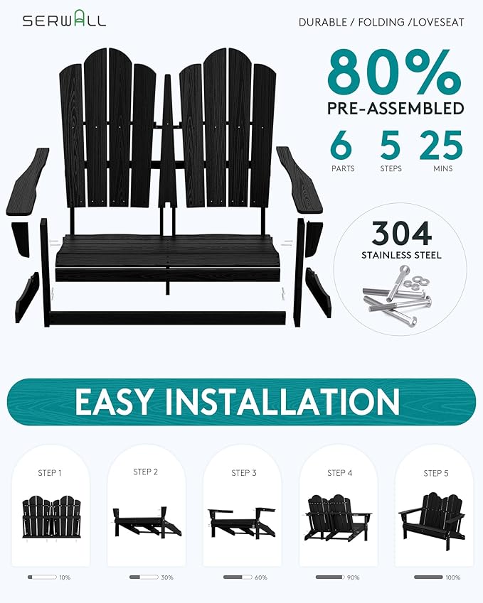 SERWALL 3 Pieces Patio Adirondack Bench Set, 2 Folding Adirondack Bench & 1 Coffee Table with Umbrella Hole Set for Front Porch Garden Balcony Backyard, Black