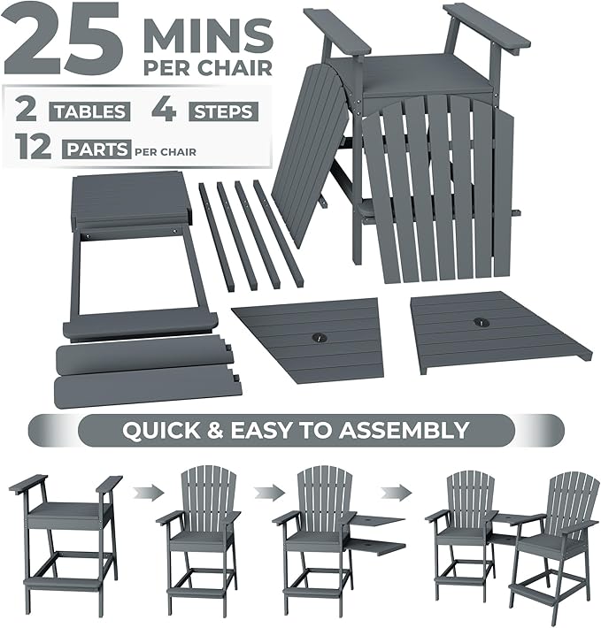 GarveeLife Outdoor Bar Height Adirondack Chairs with Connecting Tray, Balcony Chairs Adirondack for Deck, Backyard, Outdoor Tall Adirondack Chairs, Patio High Set of 4, Dark Grey