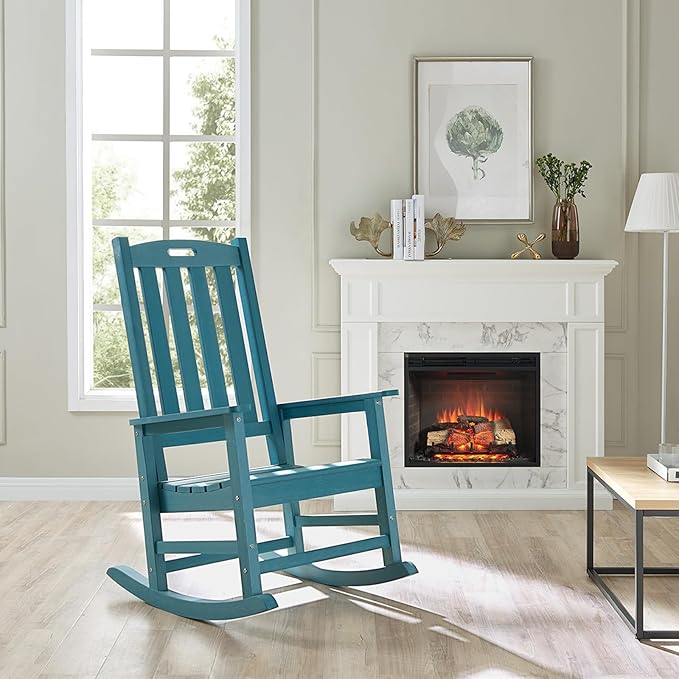 Psilvam Oversized Outdoor Rocking Chair Set of 2, Porch Rocker with 21" Wide Seat and 32" Tall Backrest, Pre-Assembled with Most Components for Effortless Installation (Blue)