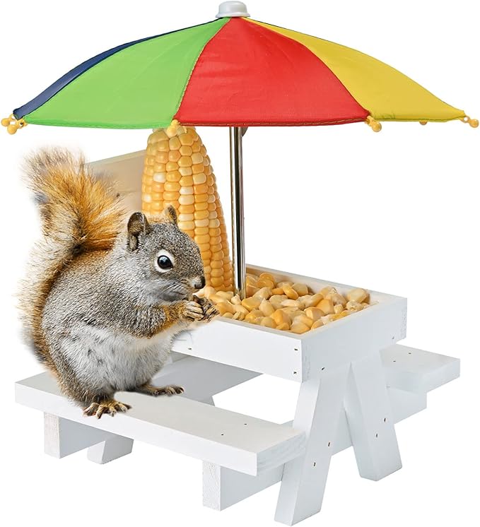 Squirrel Feeder Picnic Table with Colorful Umbrella, Wooden Squirrel Table Feeder Outside Funny with Corn Cob Holder for Yard and Porch Decoration, Easy to Fill Peanuts in Shell and Nuts