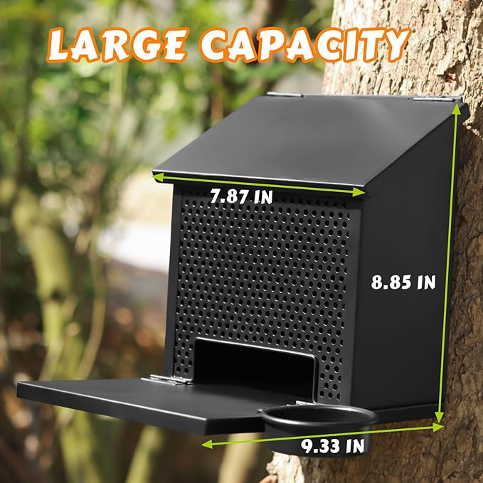 Squirrel Feeders for Outside,Squirrel Feeder with Foldable Metal Front Panel Perch Funny Metal Chipmunk House Hanging Boxes Easy to Refill