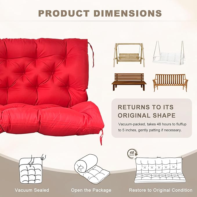 Porch Swing Cushion with Backrest,Waterproof Bench Cushion for Outdoor Furniture,2-3 Seater Replacement Thickened Swing Cushion with Ties,Patio,Outdoor,Backyard and Garden (Red,60x40)