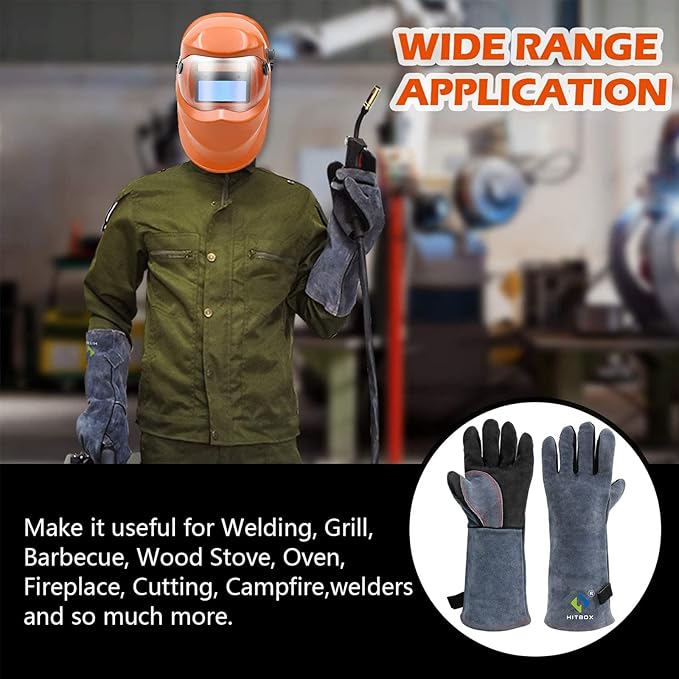 HITBOX Extreme Heat & Fire Resistant Gloves with Kevlar Stitching 16 ‘’ 932℉ Leather Fire Gloves for Arc Tig Mig Wood Stove Oven BBQ Grill Pot Holder Barking Animal Handling – Free Size for Men Women