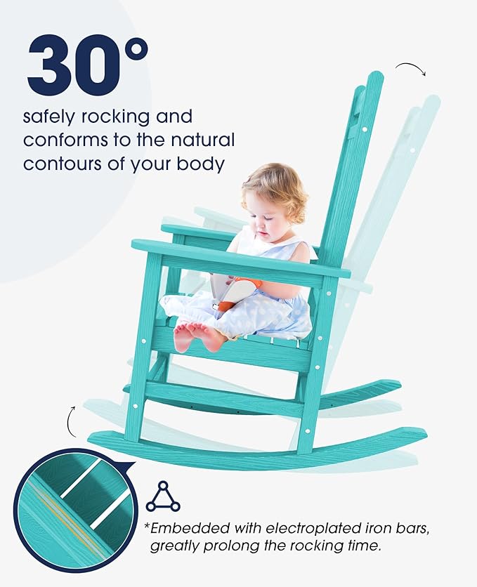 KINGYES Outdoor Rocking Chair Set of 4, All-Weather Patio Rocking Chairs for Porch, HDPE Rocking Outdoor Chairs with High Back for Adult, Heavy Duty Outdoor Patio Rockers for Garden, Lawn, Aruba