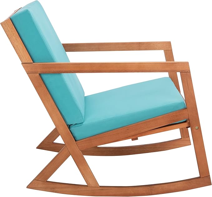 Safavieh Outdoor Collection Vernon Wood Blue Cushion Rocking Chair PAT7013Q, Natural/Aqua