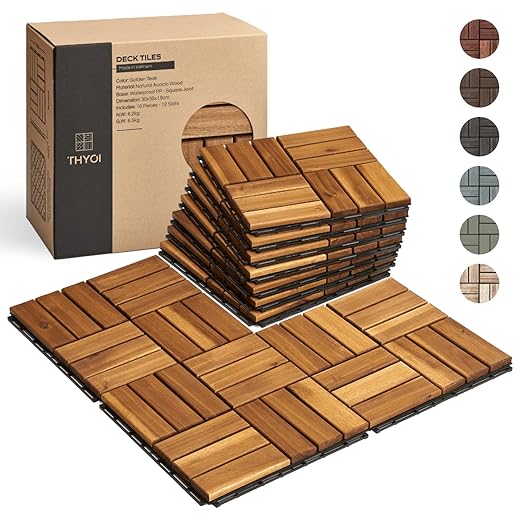 10 Pcs Deck Tiles, Patio Flooring - Outdoor Waterproof Acacia Wood Tiles for All Weather Use - Balcony, Backyard, Indoor & Outdoor (Golden Teak Crossed Pattern, 10 Square Ft)