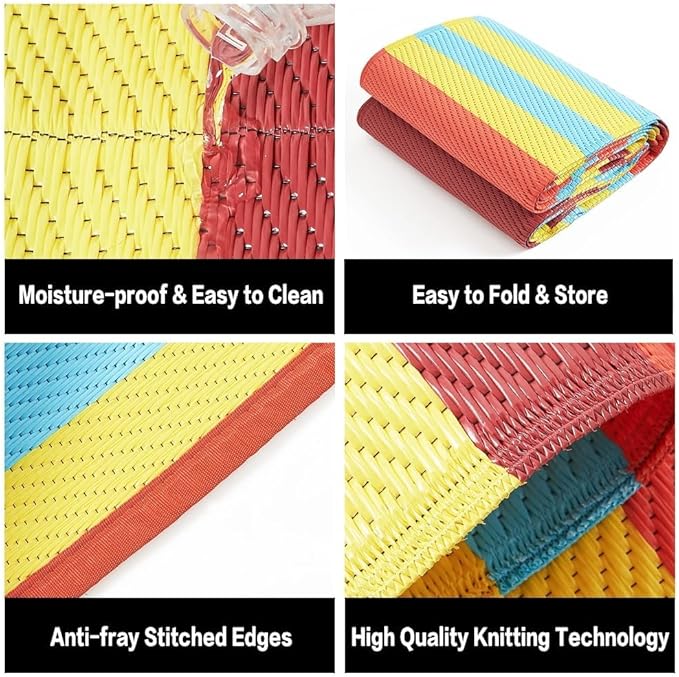 HUGEAR Outdoor Waterproof Rug 9'x12' Plastic Straw Rugs Washable Reversible Floor Mat Rainbow Stripe Carpet for Camping RV Deck Entryance Porch Picnic Balcony Beach Backyard