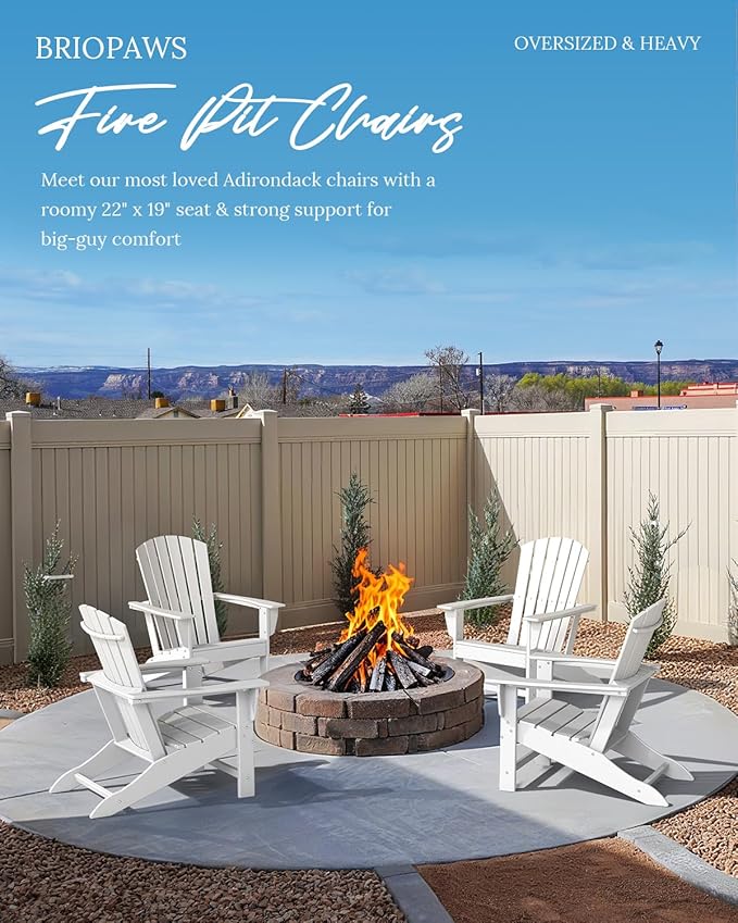 BRIOPAWS Adirondack-Chairs-Set of 4 | Fire Pit Chair | Oversized | HDPE Plastic | Weather Resistant | for Deck Outdoor Poolside Campfire | White