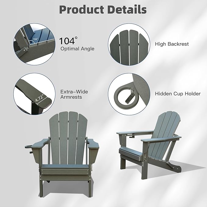Domi Folding Adirondack Chairs Set of 2, HDPE All-Weather Outdoor Chairs with Cup Holder, Wooden Textured Fire Pit Chairs for Backyard, Patio, Poolside & Deck, Grey