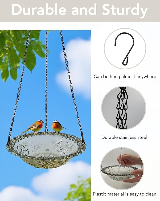 2 Pack Hanging Bird Baths and Feeders for Outdoors, Plastic Bird Bath Bowl & Hanging Feeder for Garden Yard Decor,Mist Grey