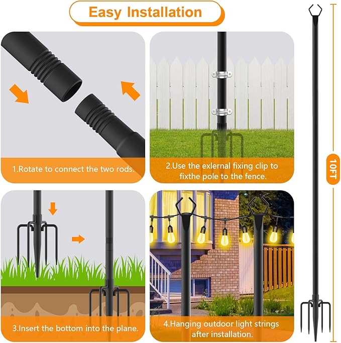LETIANPAI 4 Pack String Light Poles,10 Ft Metal Poles with Fork for Outdoor String Lights,Outdoor Light Poles with Fork,Poles/Post/Stand for Outside,Patio,Deck,Backyard,Garden Wedding,Party