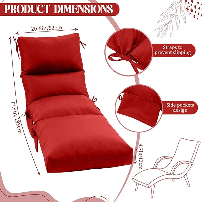 Kigley 2 Pcs Chaise Lounge Cushions, 77.9 x 20.5 x 4.7 Inch Outdoor Lounge Chair Cushions with Pocket, Thick Tufted Patio Recliner Replacement with Ties, Fade Resistant for Pool Furniture (Red)