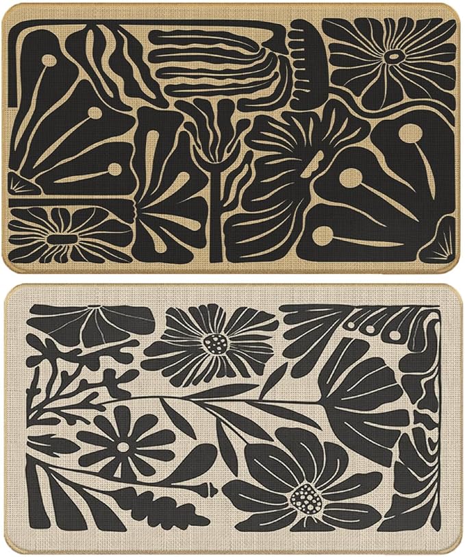 Boho Beige and Black Floral Door Mat Set 2 - Bohemian Neutral Floral Front Door Welcome Mats Outdoor Entrance, 17x30 Rug