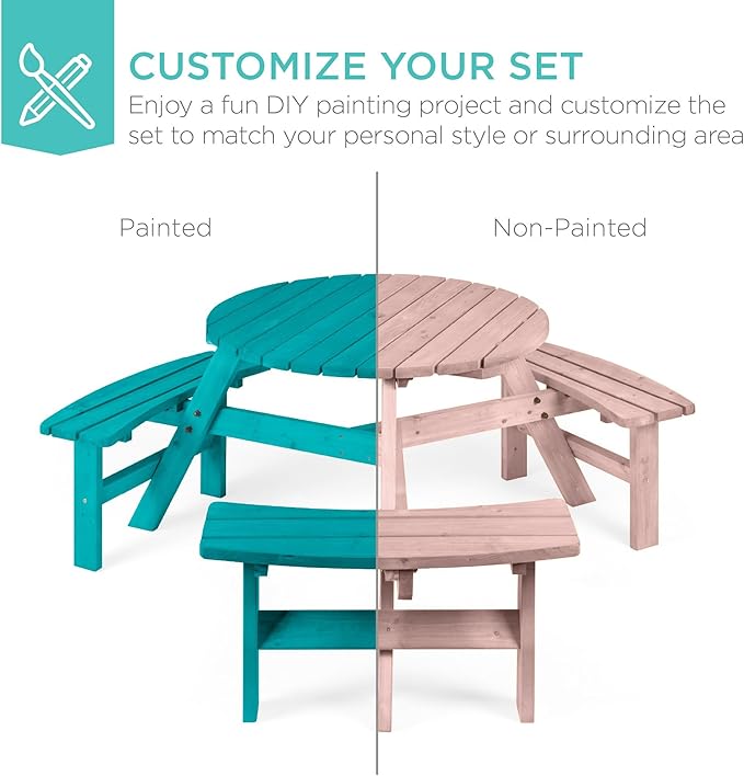 Best Choice Products 6-Person Circular Outdoor Wooden Picnic Table for Patio, Backyard, Garden, DIY w/ 3 Built-in Benches, 500lb Capacity - Rose Quartz