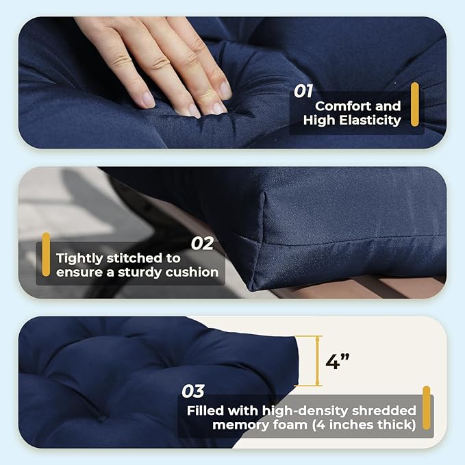 All Weather 3 Pieces Wicker Chair Cushions, Waterproof Outdoor Wicker Chair Cushion for Patio Furniture Loveseat Settee Bench, 1 Loveseat and 2 U-Shaped Thickened Cushions, Navy