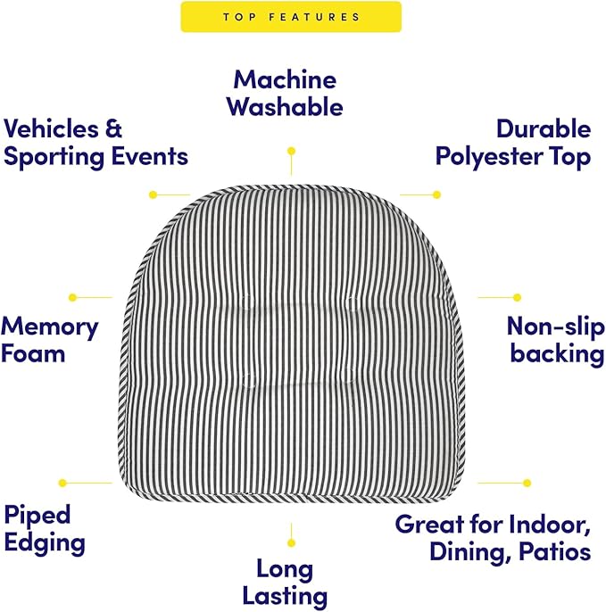 Sweet Home Collection Chair Cushion Memory Foam Pads Tufted Slip Non Skid Rubber Back U-Shaped 17" x 16" Seat Cover, 12 Count (Pack of 1), Pinstripe Charcoal