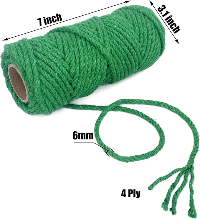 Leecogo 6mm Jute Rope 100 Feet Natural Craft Rope Twine String Perfect for Home Gardening Macrame Arts Crafts DIY Cat Scratching Post Replacement Repairing Recovering Cats Toy Making,Grass Green