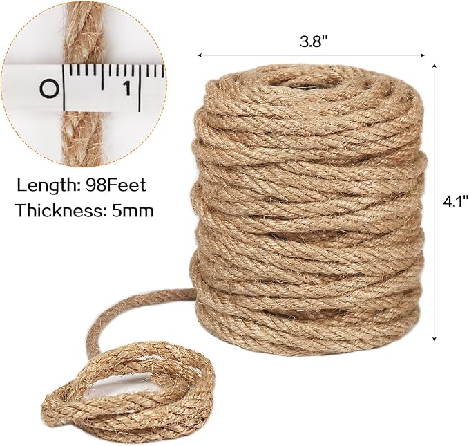 Vivifying 5mm Jute Rope, 98 Feet Strong Natural Jute Twine for Crafts, Cat Scratching Post, Garden Plants, Bundling and Hanging (Brown)