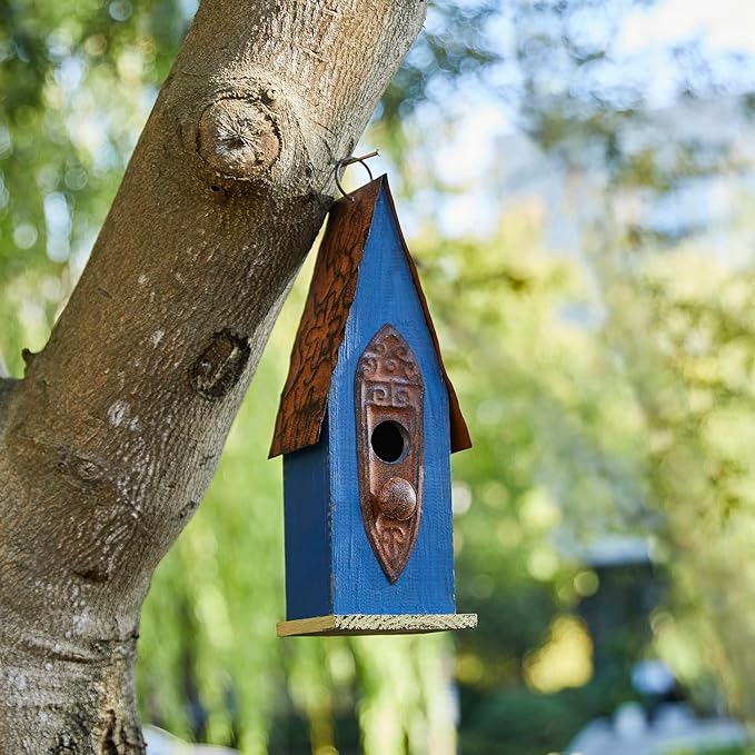 Glitzhome Bird Houses for Outside, Hanging Bird House for Outdoors, 13.25" H Retro Blue Distressed Solid Wood Pet Cottage Garden Decorative Birdhouse for Swallow Sparrow Finch Cardinals