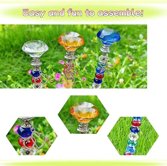 72Pcs DIY Garden Stakes Decorative Beadable Items for Different Festivals Fairy Wand Beaded Garden Stakes Kit Fairy Garden Accessories Outdoor, Diamond-(Orange+Blue+Whit)