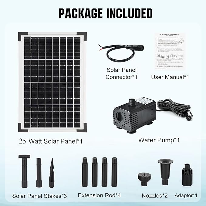 ECO-WORTHY Solar Water Fountain Pump Kit 449 GPH Flow 25W Adjustable Dry-Run Protection Solar Pond Pump Monocrystalline Solar Panel Powered Water Pump for Ponds, Garden, Waterfall, Pool, Birdbath